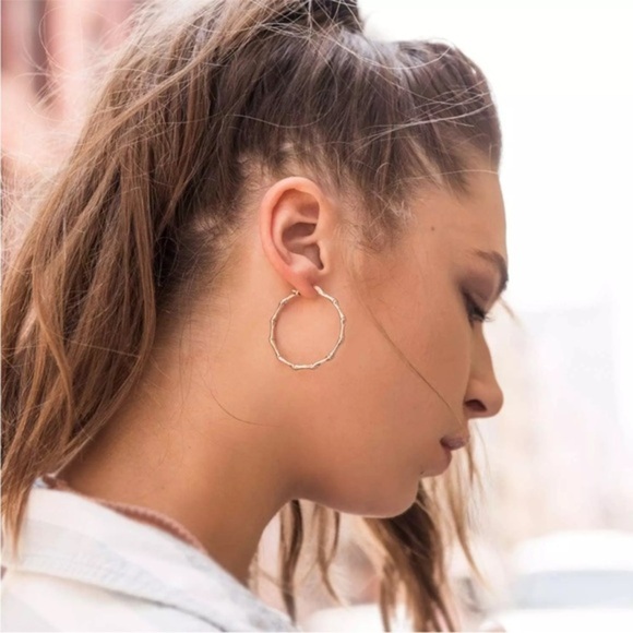 Womens Gold Bamboo Hoop Earrings 18K Gold‎ Plated - Picture 4 of 8